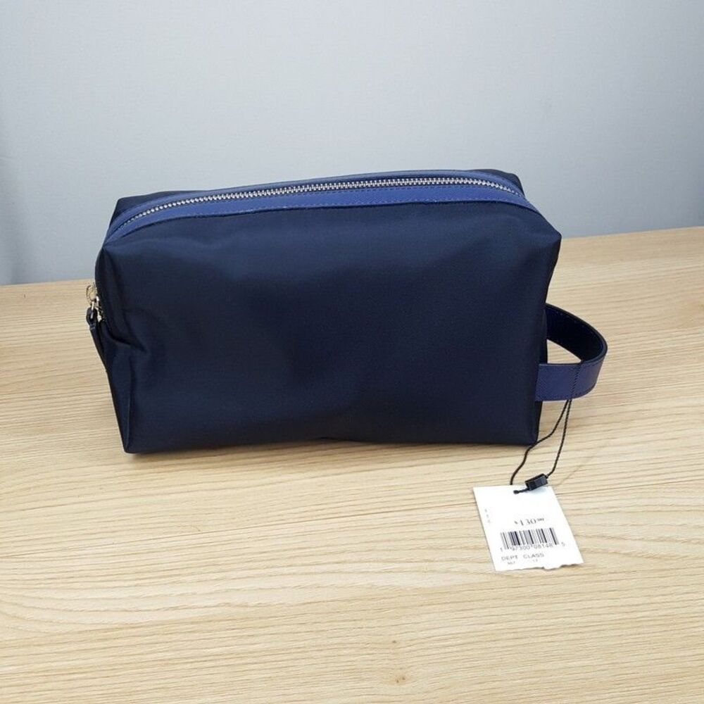BLOOMINGDALES Mens Blue Toiletry Bag Nylon Zip Up Leather Trim Carry Handle $130